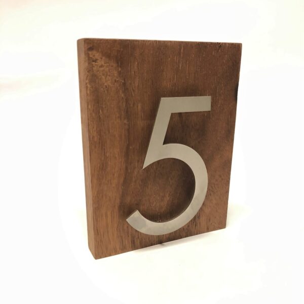 Galdu numuri no koka ar metāla cipariņu.